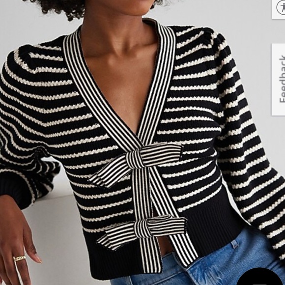 Express Sweaters - Express Striped Bow Cardigan
